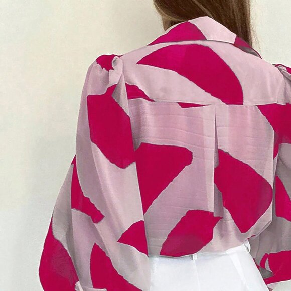 Hot Pink Casual Women's Geometric Print Lantern Sleeve Single-Breasted Shirt - Picture 3 of 7